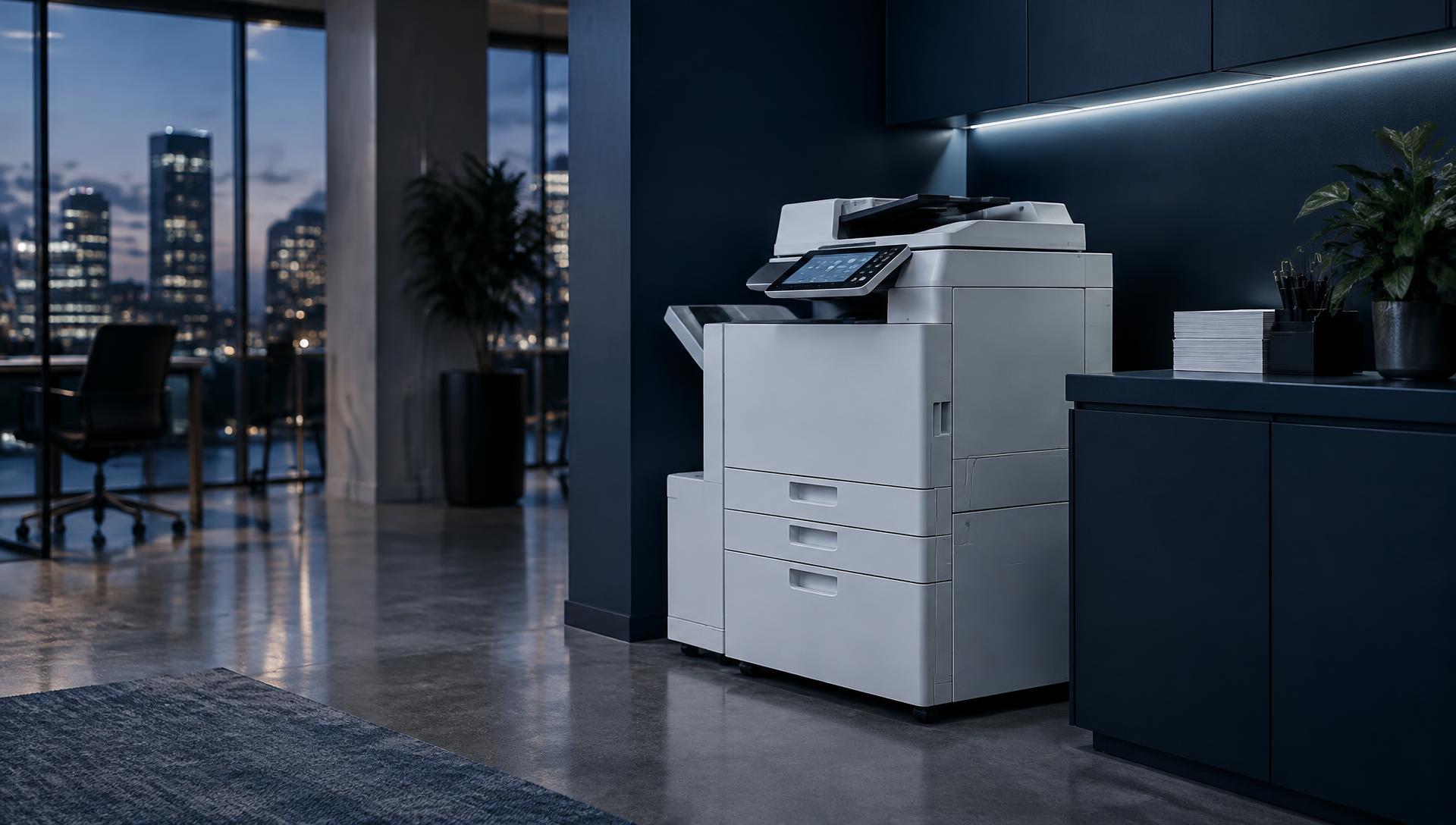 Business-grade A3 multifunction printer in a modern office print area at dusk