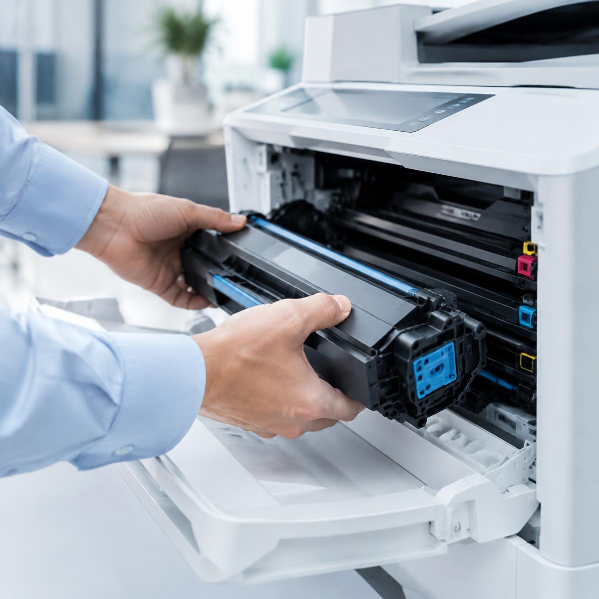 Technician installing a toner cartridge in a business multifunction printer